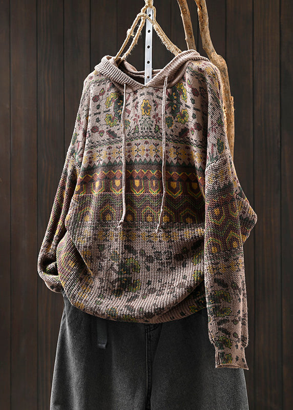 Khaki Hooded Print Cotton Knit Sweater Tops Spring