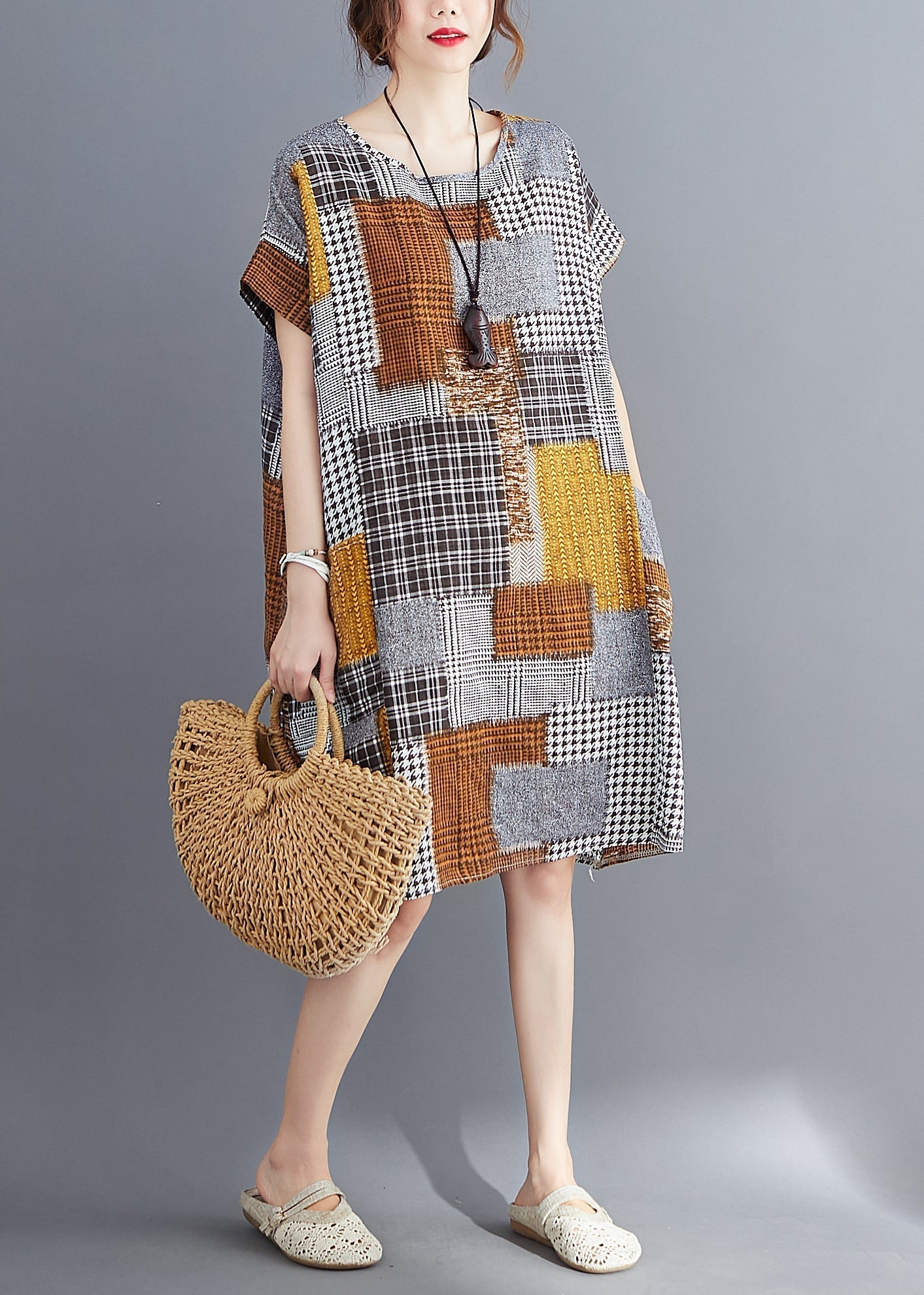 Khaki Oversized Print Cotton Dresses Summer