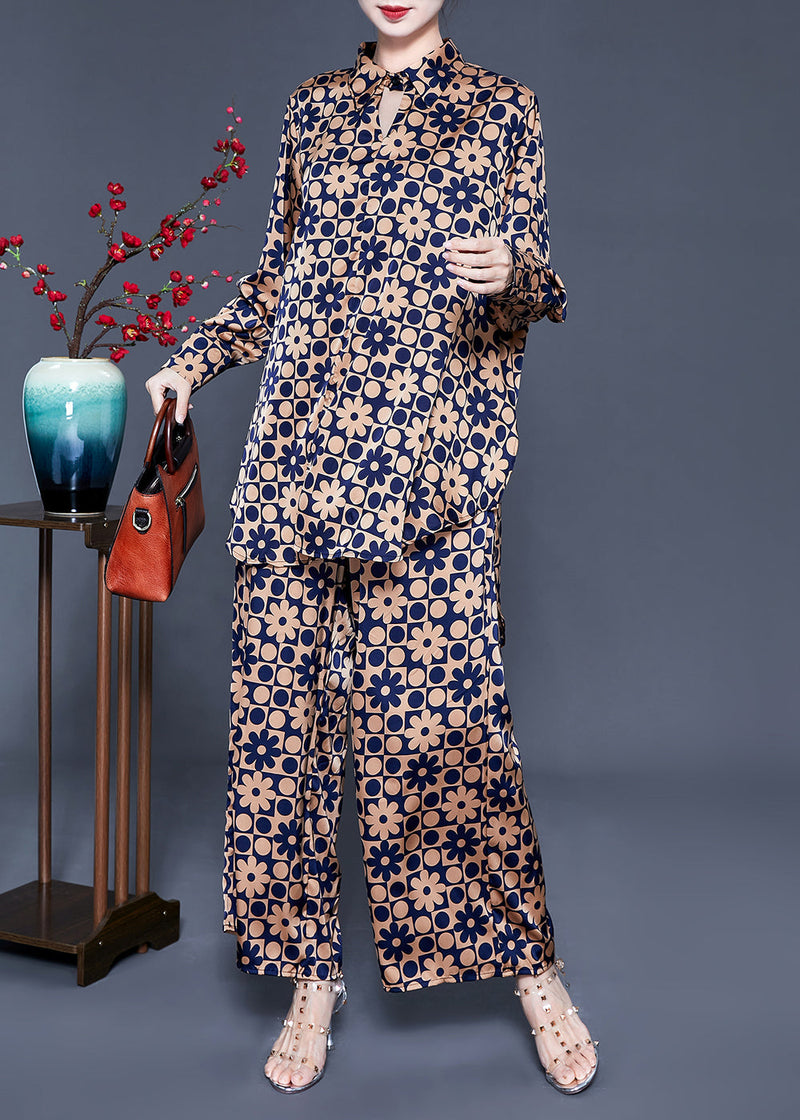 Khaki Stand Collar Print Silk Tops and Pants Two Pieces Set Summer