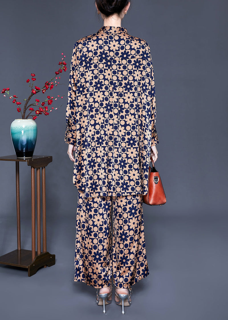 Khaki Stand Collar Print Silk Tops and Pants Two Pieces Set Summer