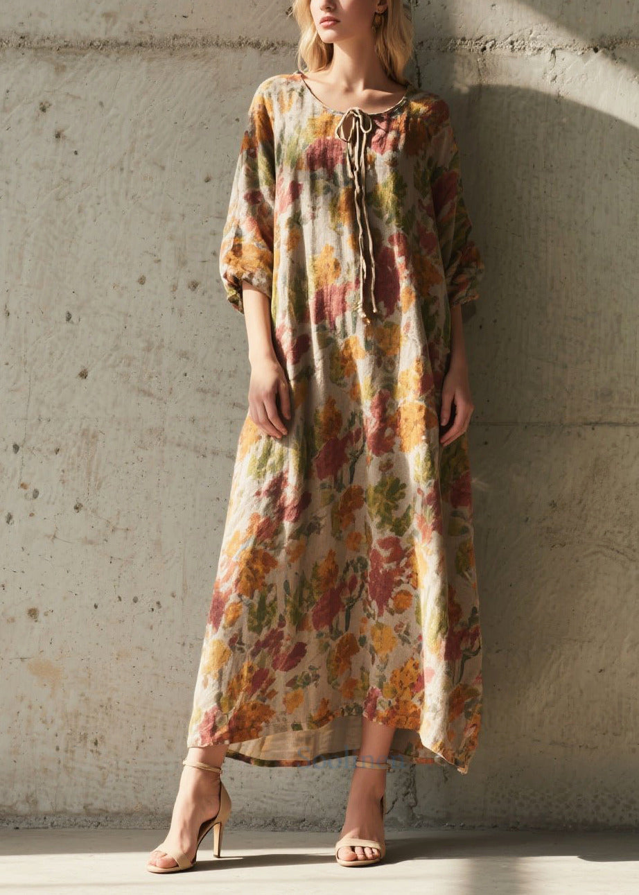 Khaki Tie Neck Print Cotton Holiday Dress Summer