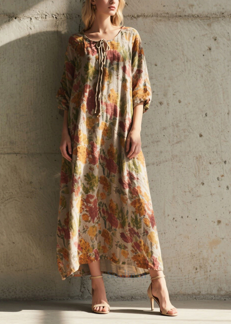 Khaki Tie Neck Print Cotton Holiday Dress Summer