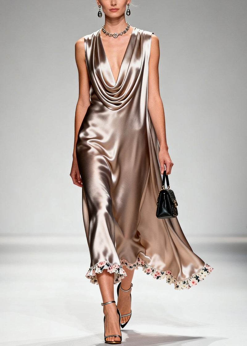 Khaki Turtle Neck Silk Long Dresses Summer