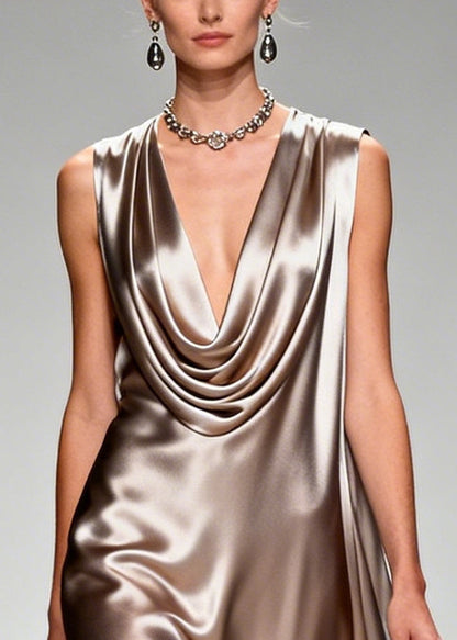 Khaki Turtle Neck Silk Long Dresses Summer