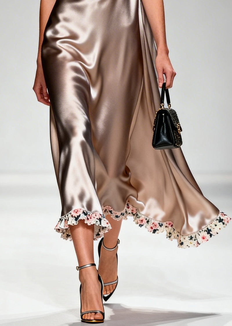Khaki Turtle Neck Silk Long Dresses Summer
