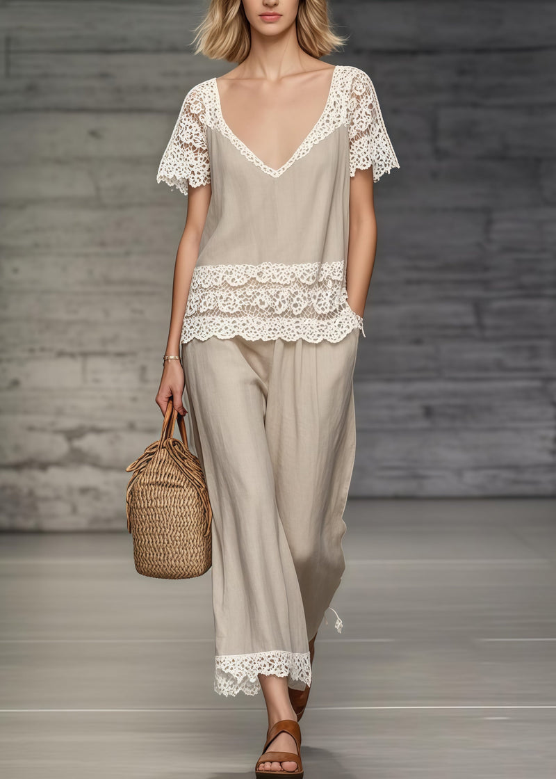 Khaki V Neck Lace Patchwork Two Piece Set Clothing Summer