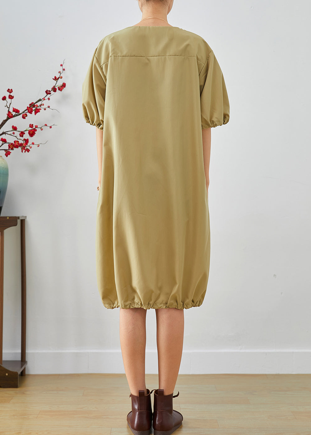 Khaki V Neck Oversized Cotton Mid Dress Lantern Sleeve