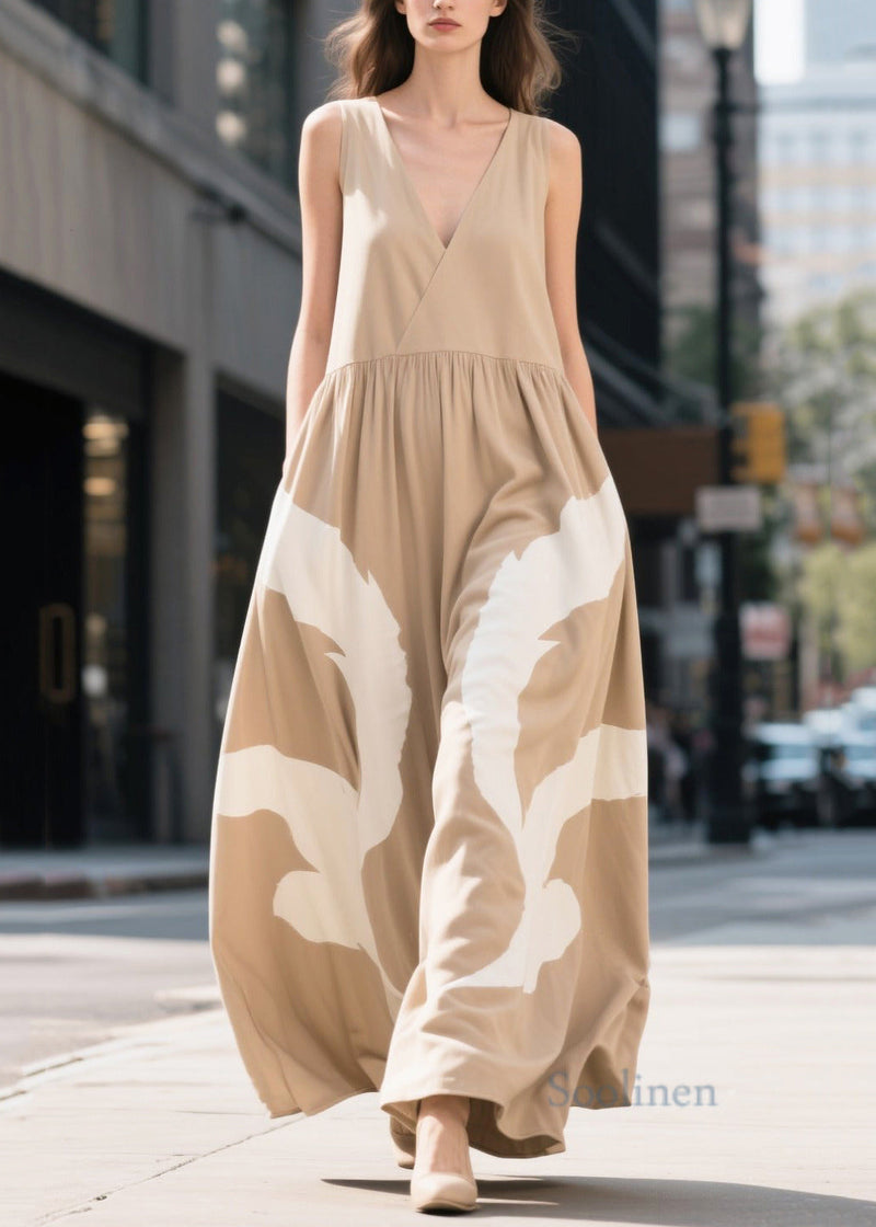 Khaki V Neck Print Cotton Ankle Dress Summer