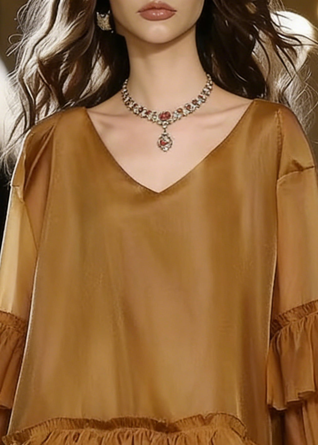 Khaki V Neck Ruffles Chiffon Mid Dress Summer