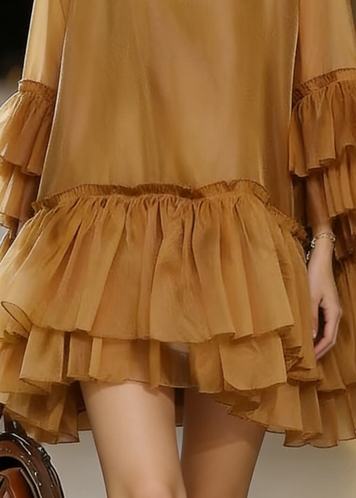 Khaki V Neck Ruffles Chiffon Mid Dress Summer