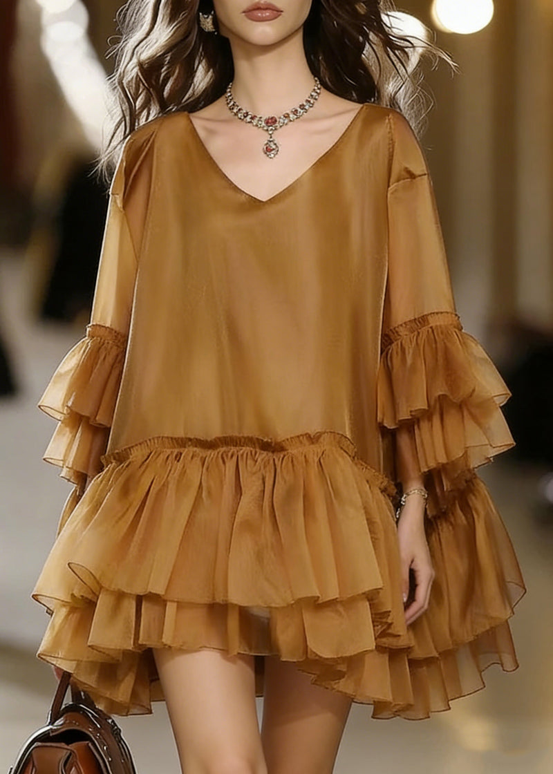 Khaki V Neck Ruffles Chiffon Mid Dress Summer
