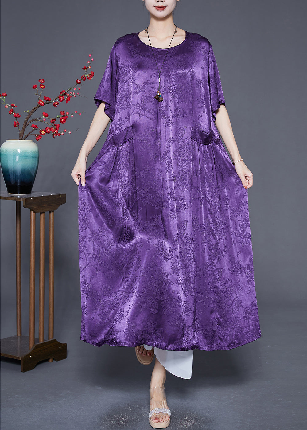 Lavender Oversized Jacquard Silk Long Dress Summer