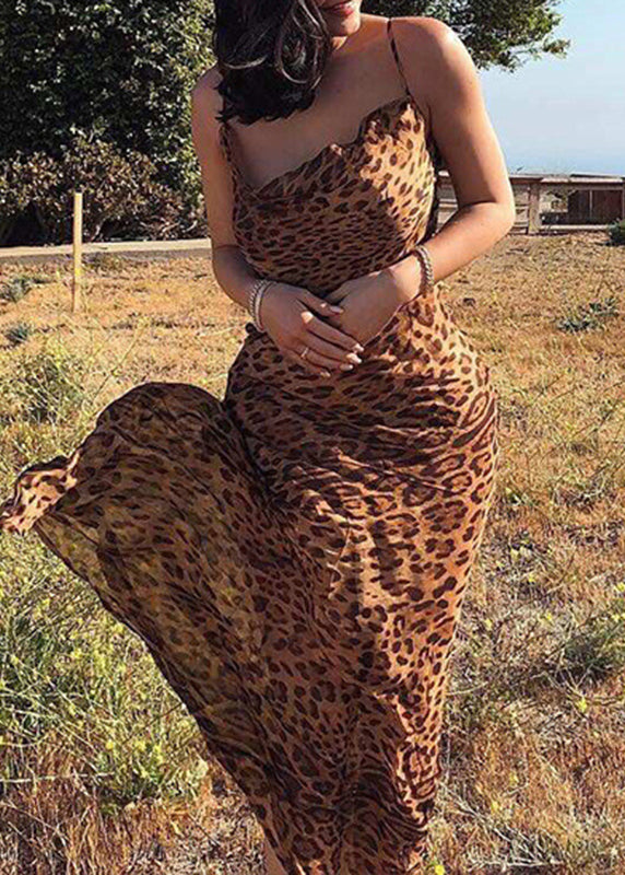 Leopard V Neck Maxi Spaghetti Strap Dresses Sleeveless
