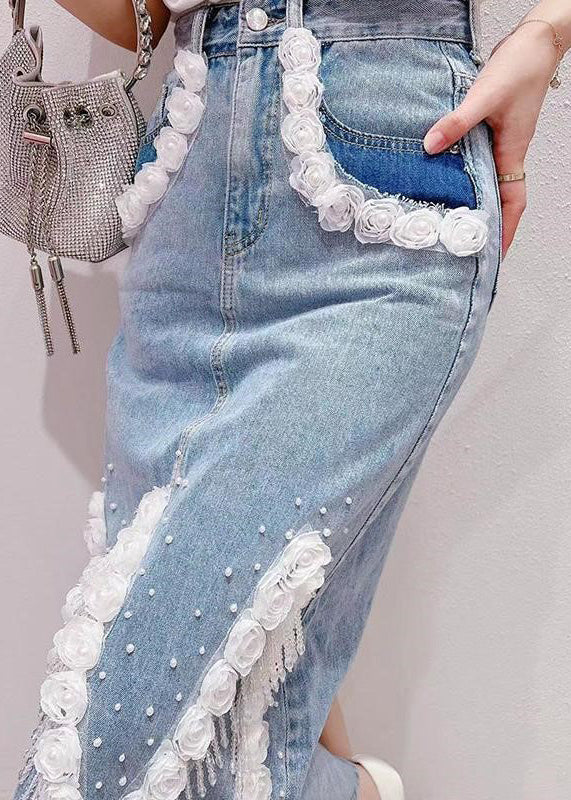 Light Blue Tassel Patchwork High Waist Denim Skirt Summer