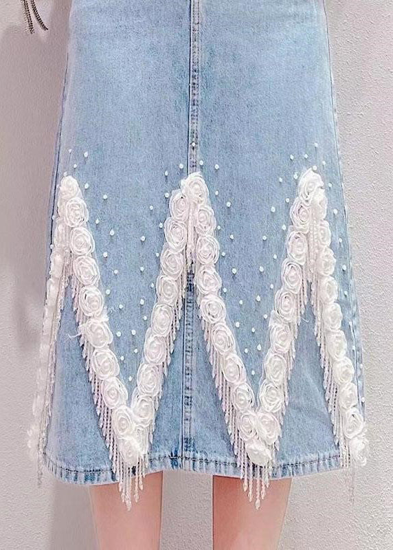 Light Blue Tassel Patchwork High Waist Denim Skirt Summer