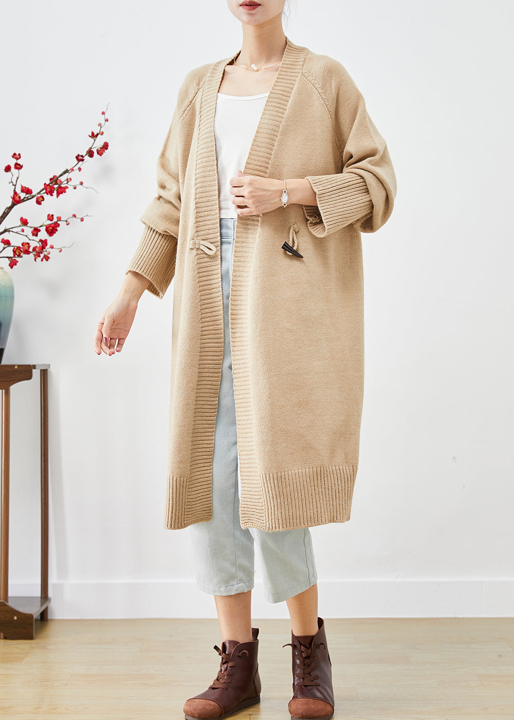 Light Camel Oversized Horn Button Knit Loose Coat Fall