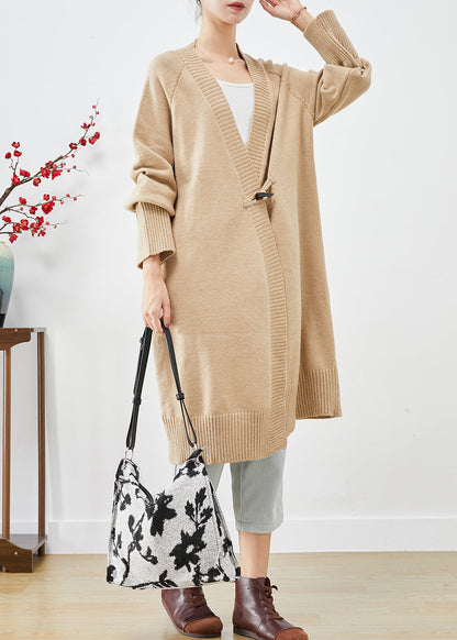Light Camel Oversized Horn Button Knit Loose Coat Fall
