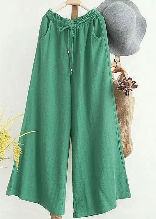 Light Green Pockets Patchwork Drawstring Cotton Pants Spring