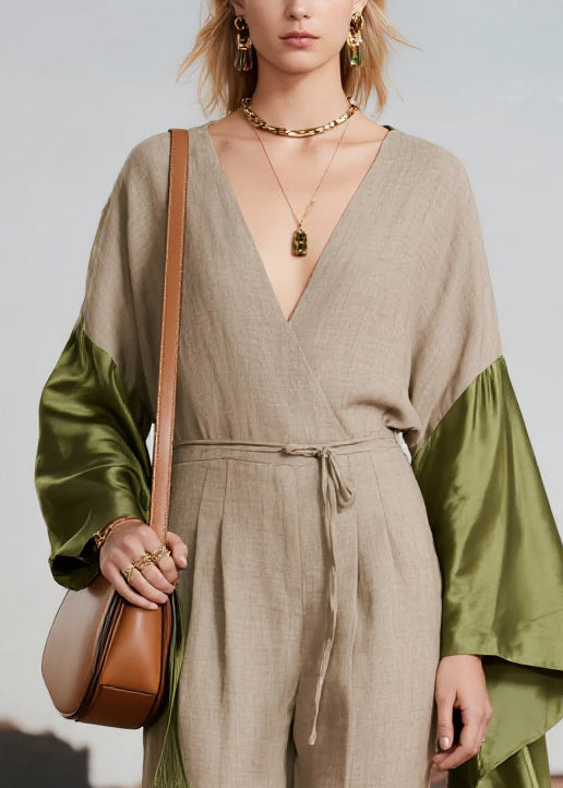 Light Grey Asymmetrical Patchwork Linen Jumpsuit Spring