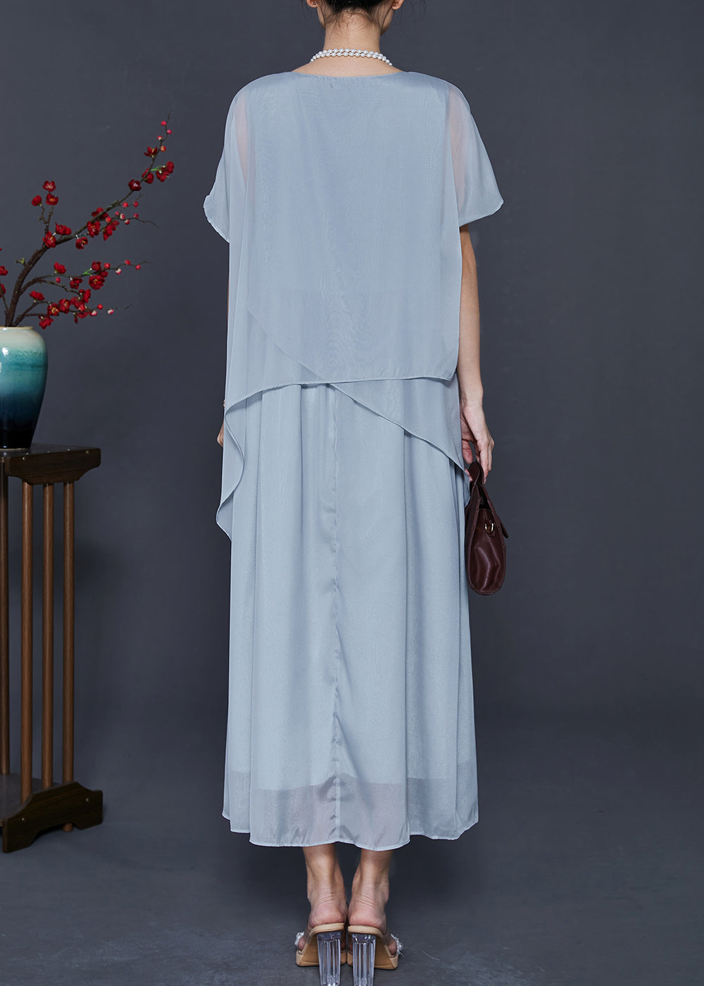 Light Grey Oversized Patchwork Silk Ankle Dress Summer