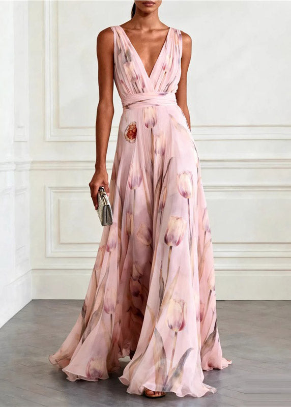 Light Pink V Neck Print Long Spaghetti Strap Sundress Summer