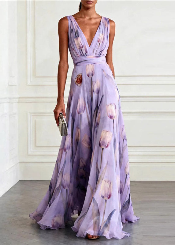 Light Pink V Neck Print Long Spaghetti Strap Sundress Summer