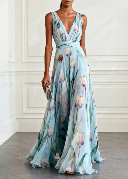 Light Pink V Neck Print Long Spaghetti Strap Sundress Summer