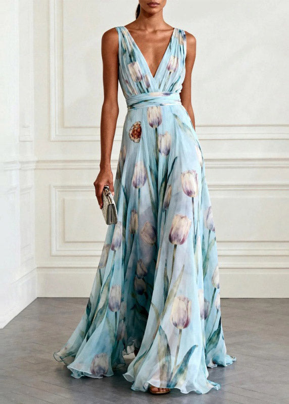 Light Pink V Neck Print Long Spaghetti Strap Sundress Summer