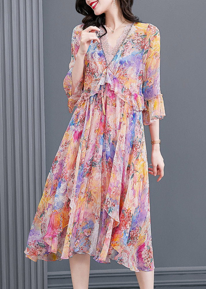 Light Pink V Neck Print Patchwork Flare Dress Fall