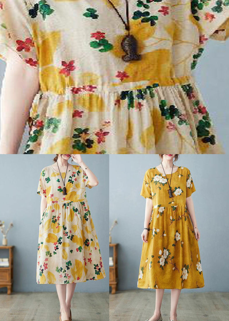 Light Yellow O Neck Pockets Print Patchwork Cotton Dress Summer
