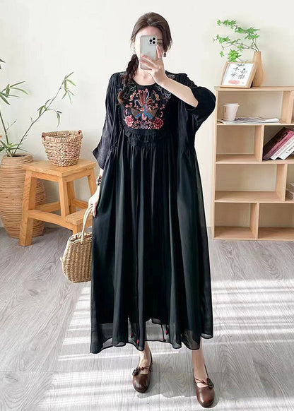 Loose Black O Neck Embroidered Patchwork Silk Dress Summer