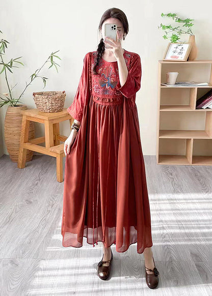 Loose Black O Neck Embroidered Patchwork Silk Dress Summer