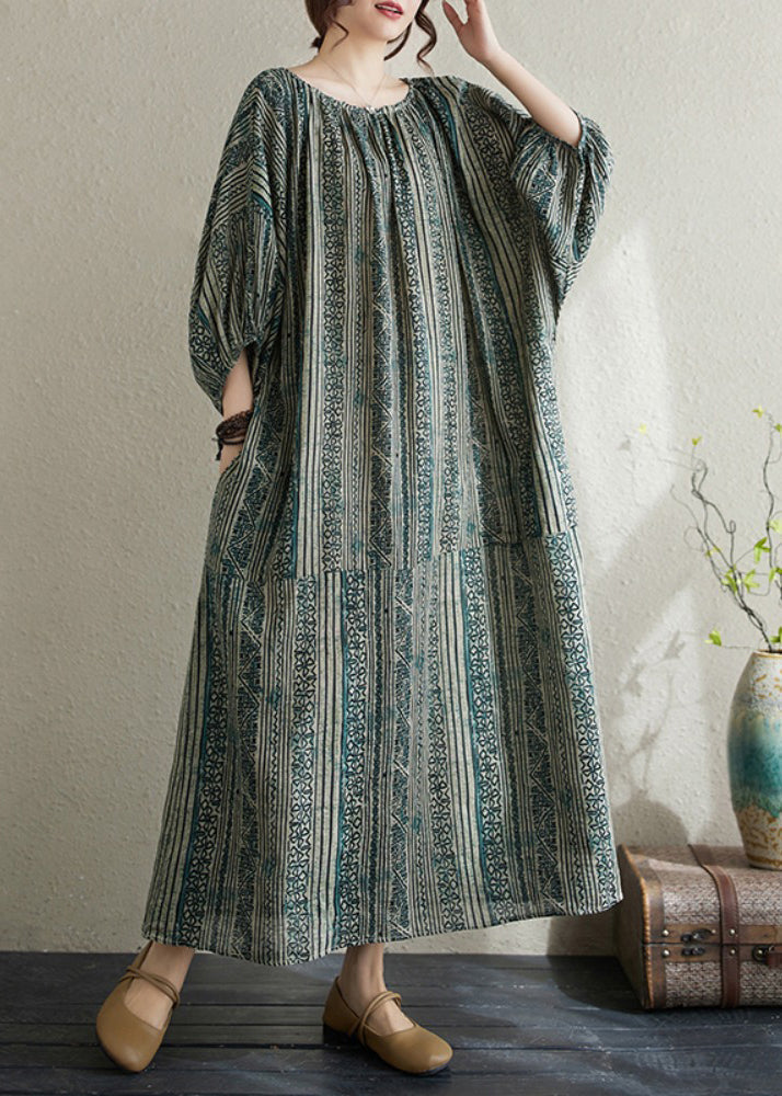 Loose Green O Neck Striped Cotton Long Dress Summer