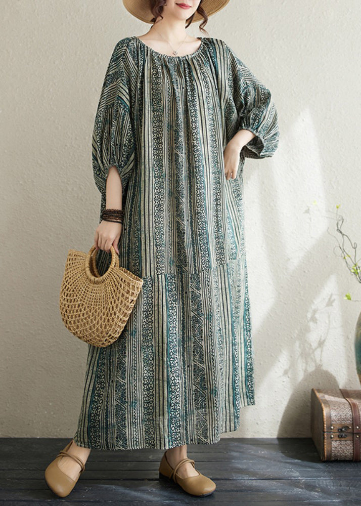 Loose Green O Neck Striped Cotton Long Dress Summer