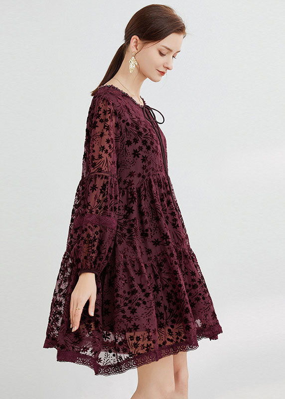 Mulberry O-neck Lace Up Silk Velour Mid Dress Long Sleeve