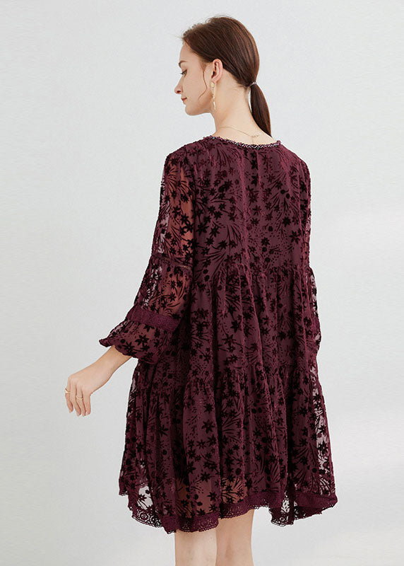 Mulberry O-neck Lace Up Silk Velour Mid Dress Long Sleeve