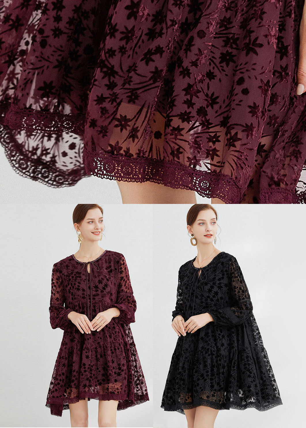 Mulberry O-neck Lace Up Silk Velour Mid Dress Long Sleeve