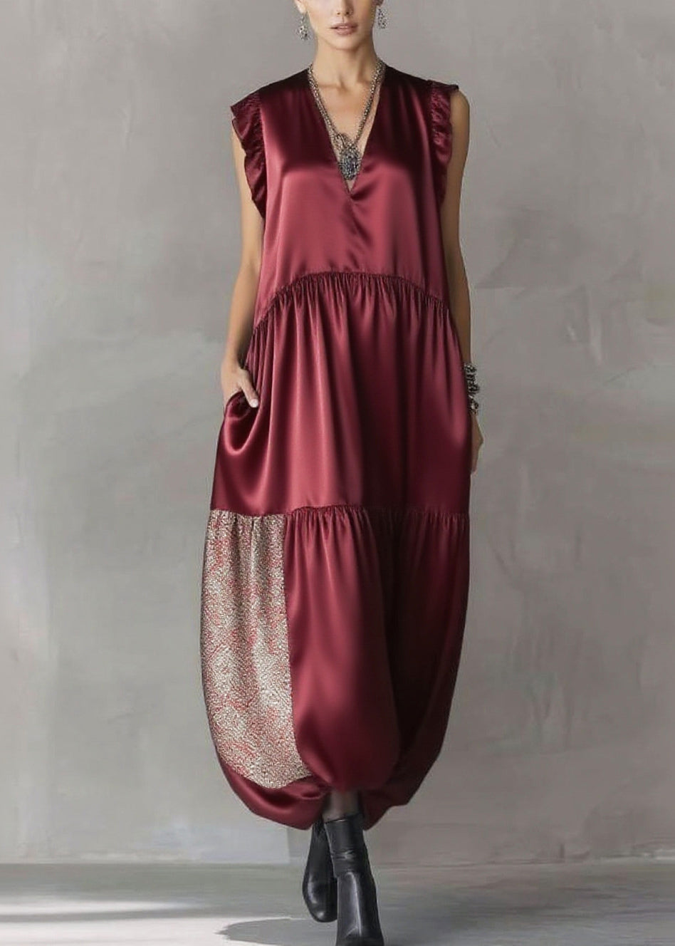 Mulberry Sequins Patchwork Silk Long Dress Sleeveless