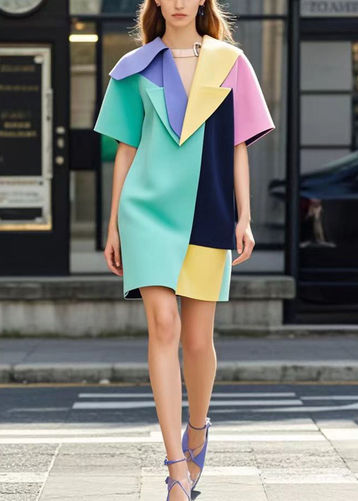 Multicolor Asymmetrical Patchwork Cotton Mini Dress Summer