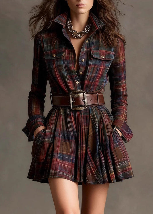 Multicolor Stand Collar Plaid Pockets Cotton Mid Dress Fall
