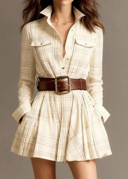 Multicolor Stand Collar Plaid Pockets Cotton Mid Dress Fall