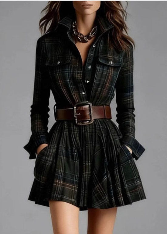 Multicolor Stand Collar Plaid Pockets Cotton Mid Dress Fall