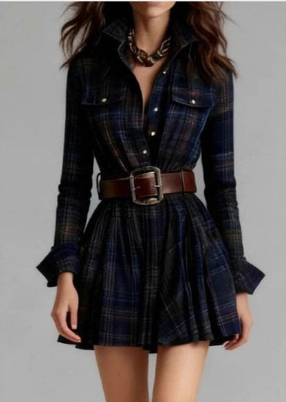 Multicolor Stand Collar Plaid Pockets Cotton Mid Dress Fall
