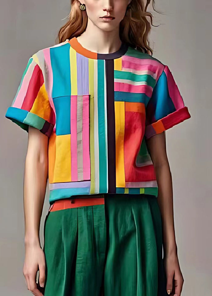 Multicolour Oversized Striped Cotton Tops Summer