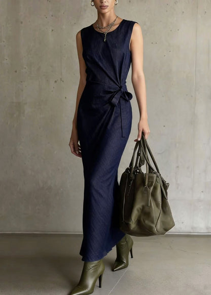 Navy Asymmetrical Design Denim Long Dresses Sleeveless