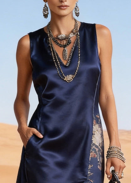 Navy Asymmetrical Patchwork Side Open Silk Holiday Dress Sleeveless
