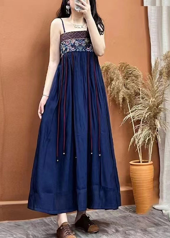 Navy Embroideried Patchwork Linen Spaghetti Strap Dress Sleeveless