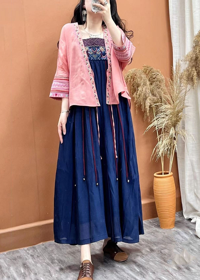 Navy Embroideried Patchwork Linen Spaghetti Strap Dress Sleeveless