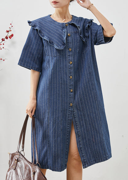 Navy Peter Pan Collar Striped Denim Mid Dress Summer