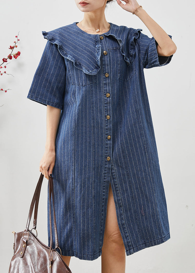 Navy Peter Pan Collar Striped Denim Mid Dress Summer